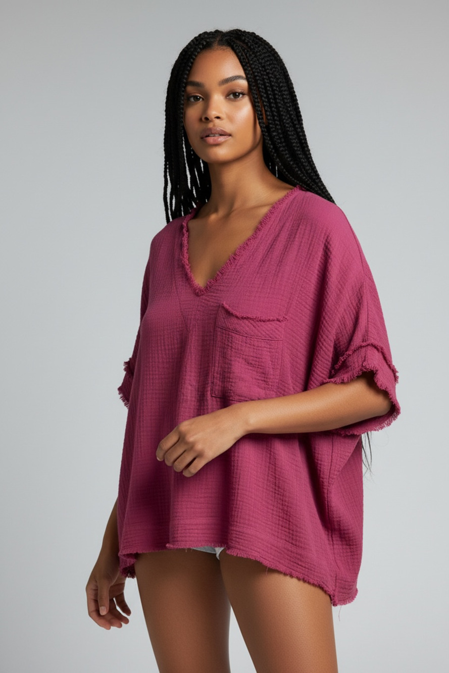 Entro Cotton Gauze V-Neck Raw Edge Short Sleeve Pocket Top in Fuchsia